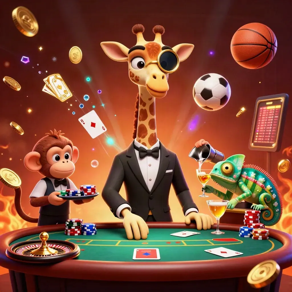Giraffe, monkey, and chameleon at a casino table with chips, coins, cards, roulette, and sports balls.