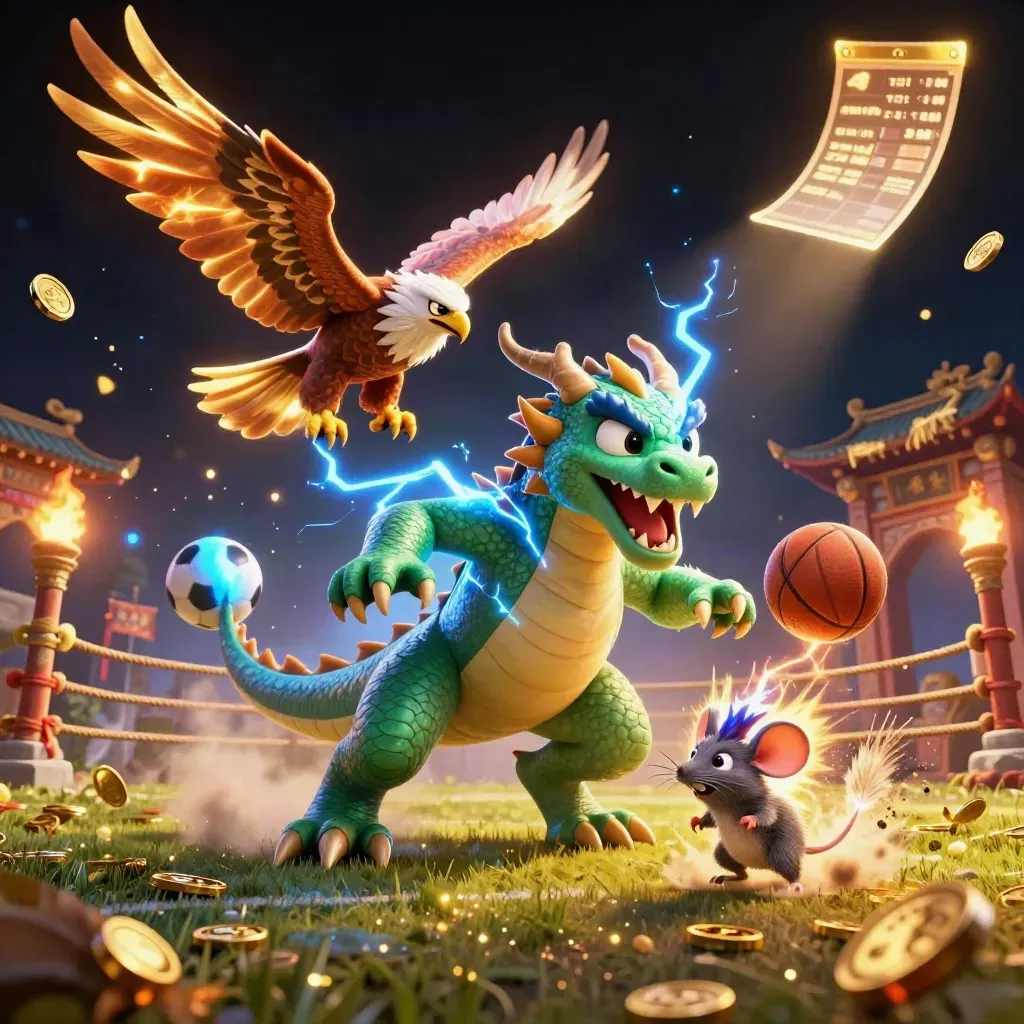 Thunder dragon, wind hawk, and static mouse with flying balls, coins, and temple lights.