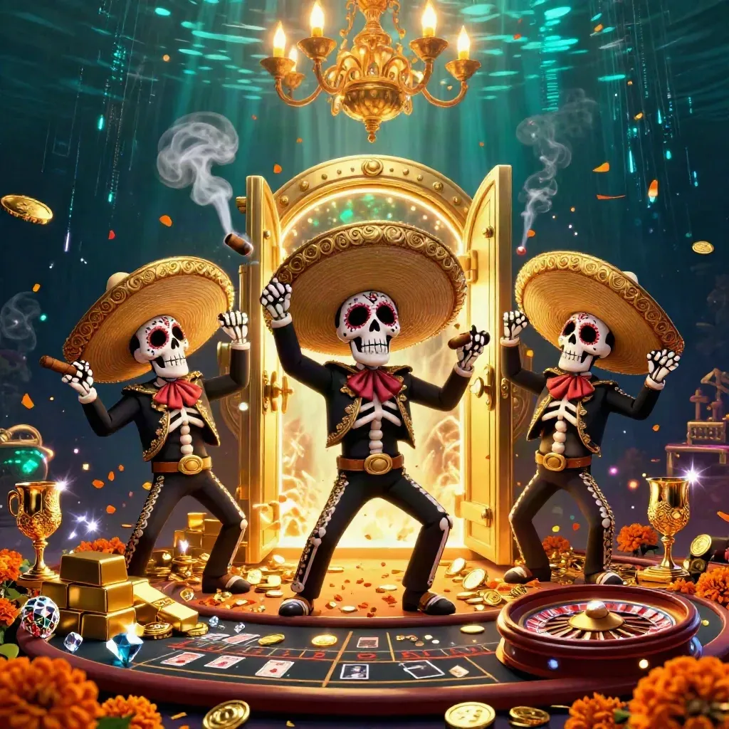 Skeleton mariachi trio before a blazing treasure vault, gold and neon casino lights swirling.