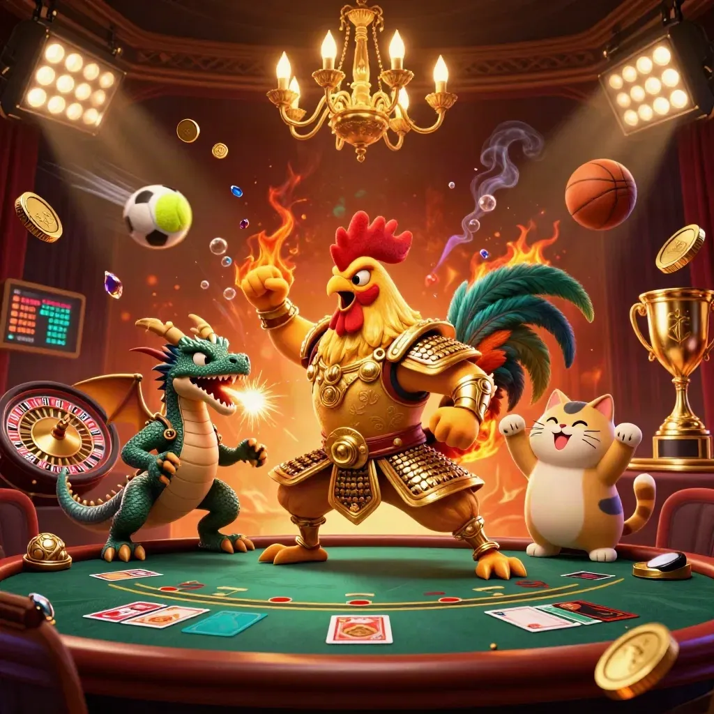 Rooster warrior, dragon hatchling, and fortune-cat in a glowing casino scene with flying sports balls and gold.