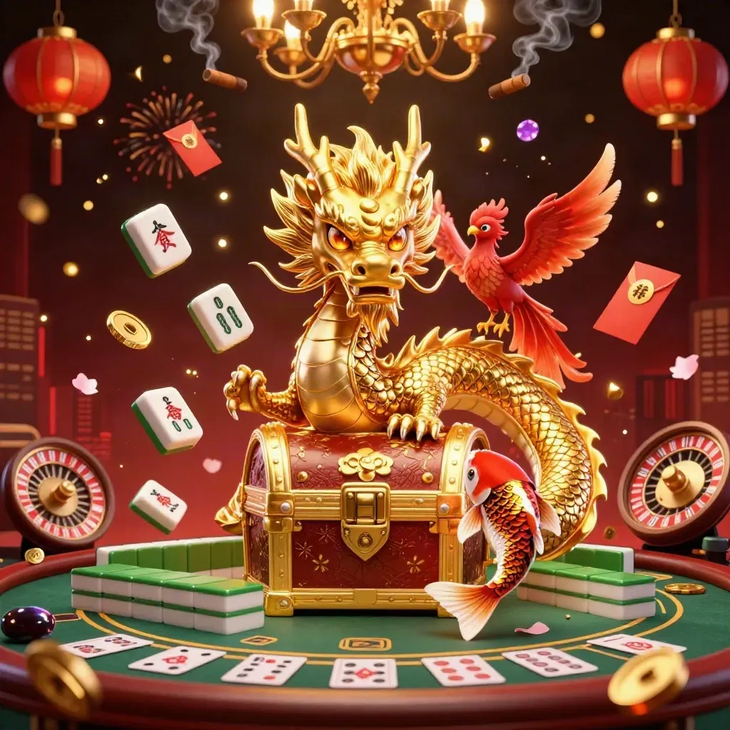 Golden dragon, phoenix, koi, and casino effects in a luxury red-black jackpot scene