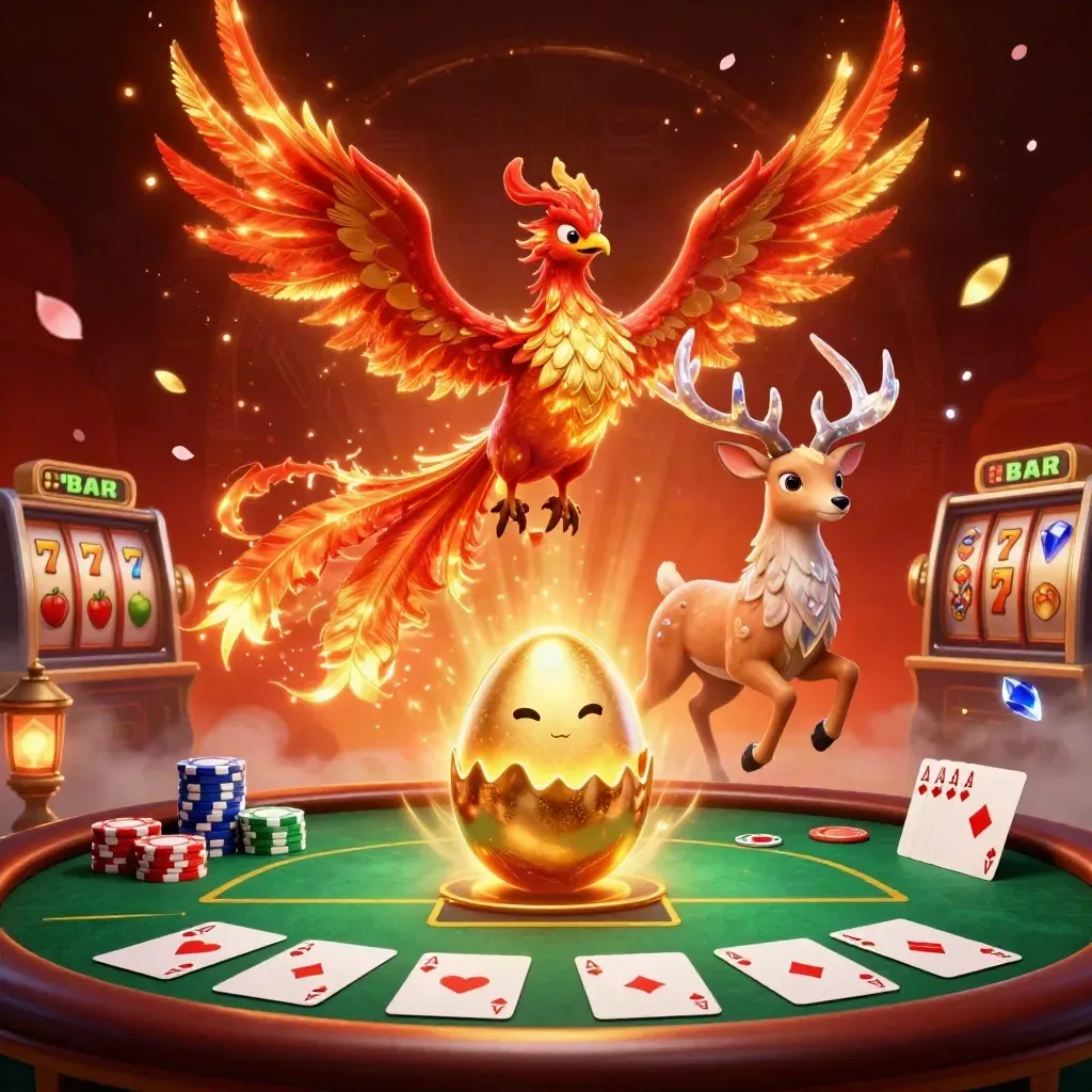 Phoenix, hatchling, and crystal stag erupt around poker chips and cards in a fiery casino scene.