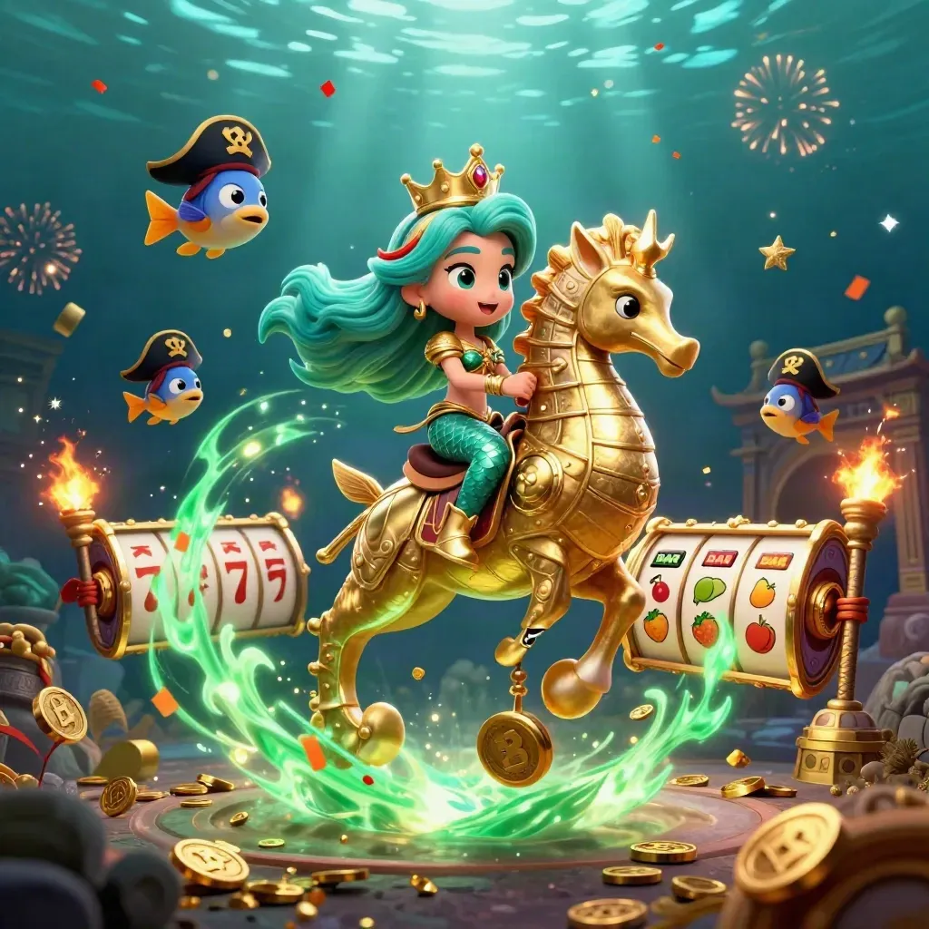 Mermaid princess on armored seahorse amid gold coins, fish, temple gate and casino icons underwater.