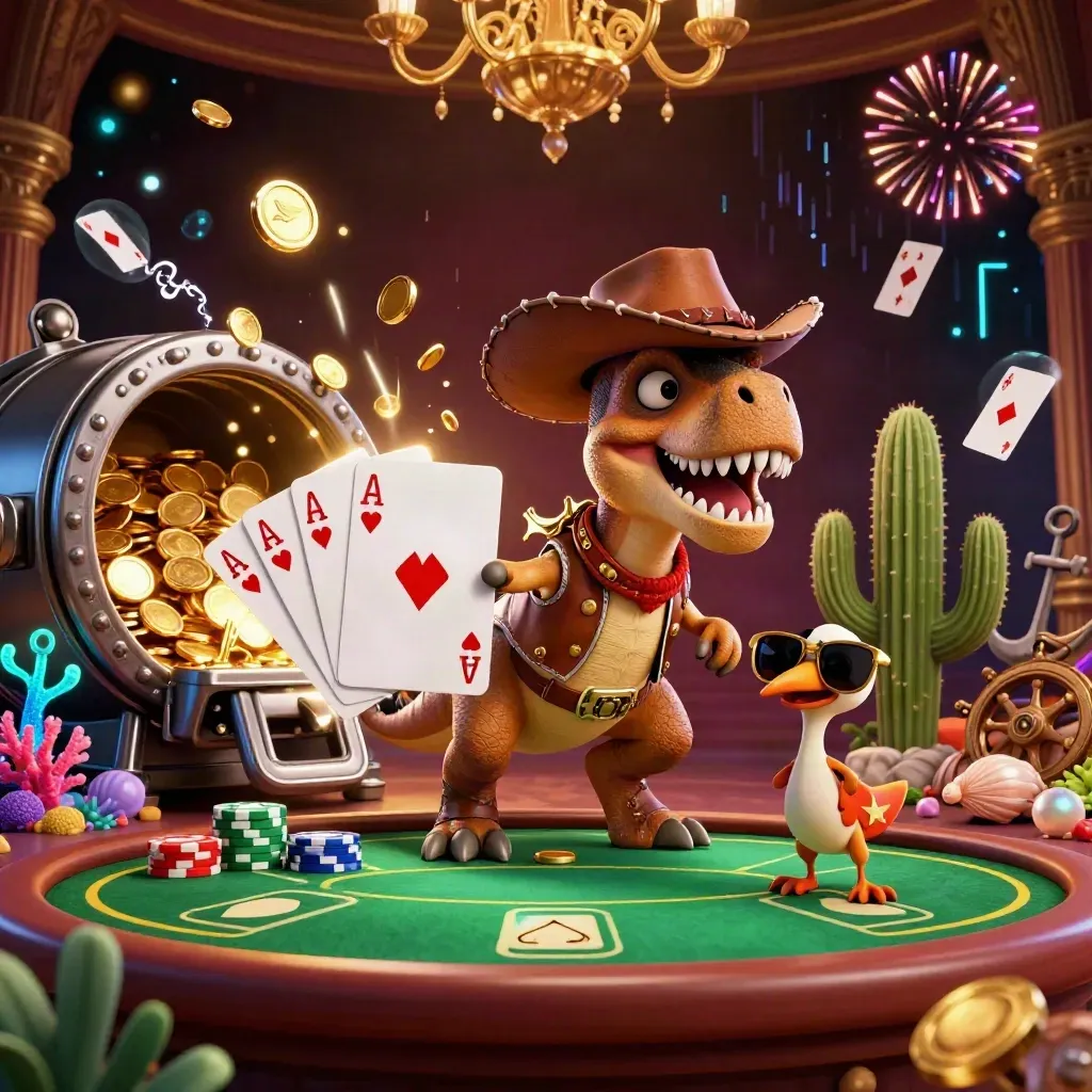 Cowboy T-Rex, cactus sidekick, and roadrunner amid casino treasure, poker chips, and fireworks.
