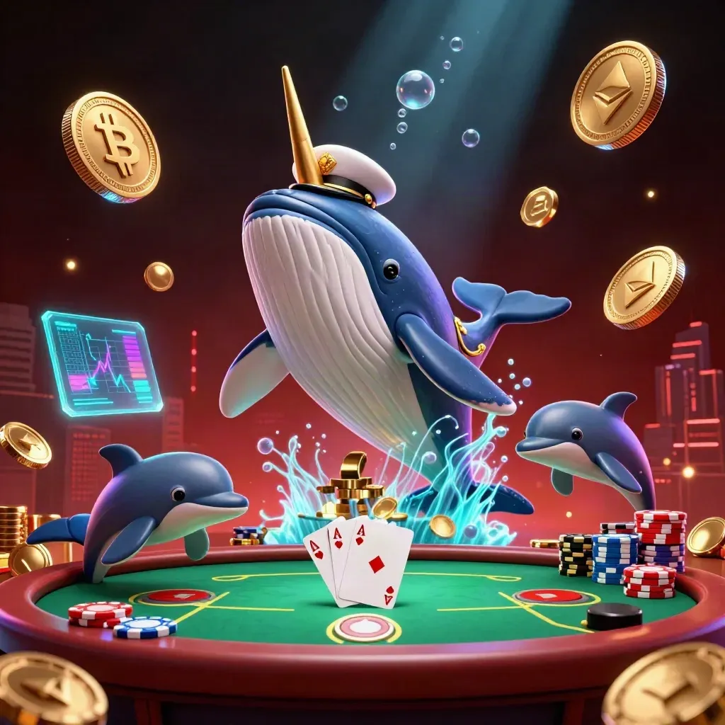 Whale captain, narwhal and dolphins burst through coins around poker chips and fireworks.