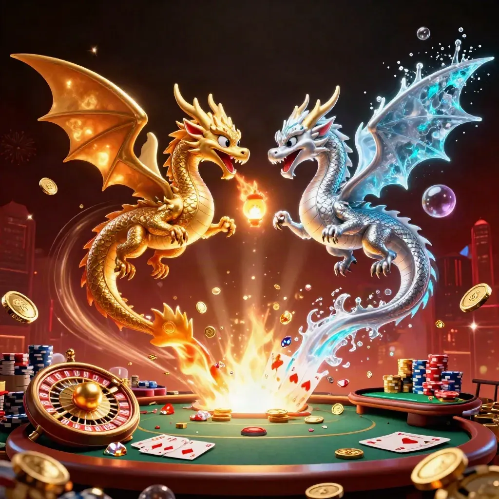 Twin gold and silver dragons spiral over chips, cards, coins, roulette wheel, vault blast, and fireworks.