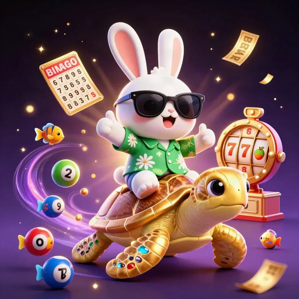 Lucky rabbit rides gem turtle amid jackpot symbols, glowing gold and emerald on a dark purple casino backdrop.