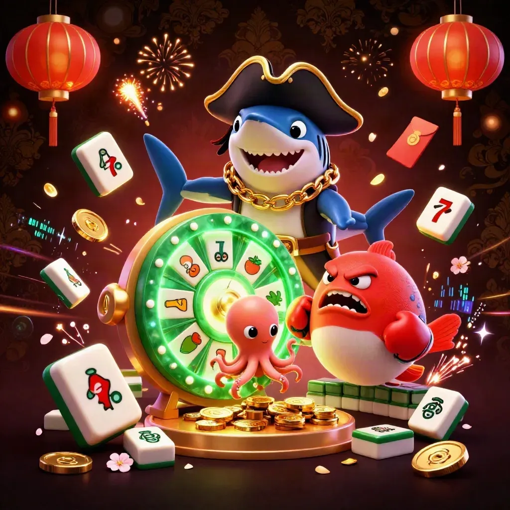 Pirate shark, boxing pufferfish, and coin-juggling octopus in a premium casino burst