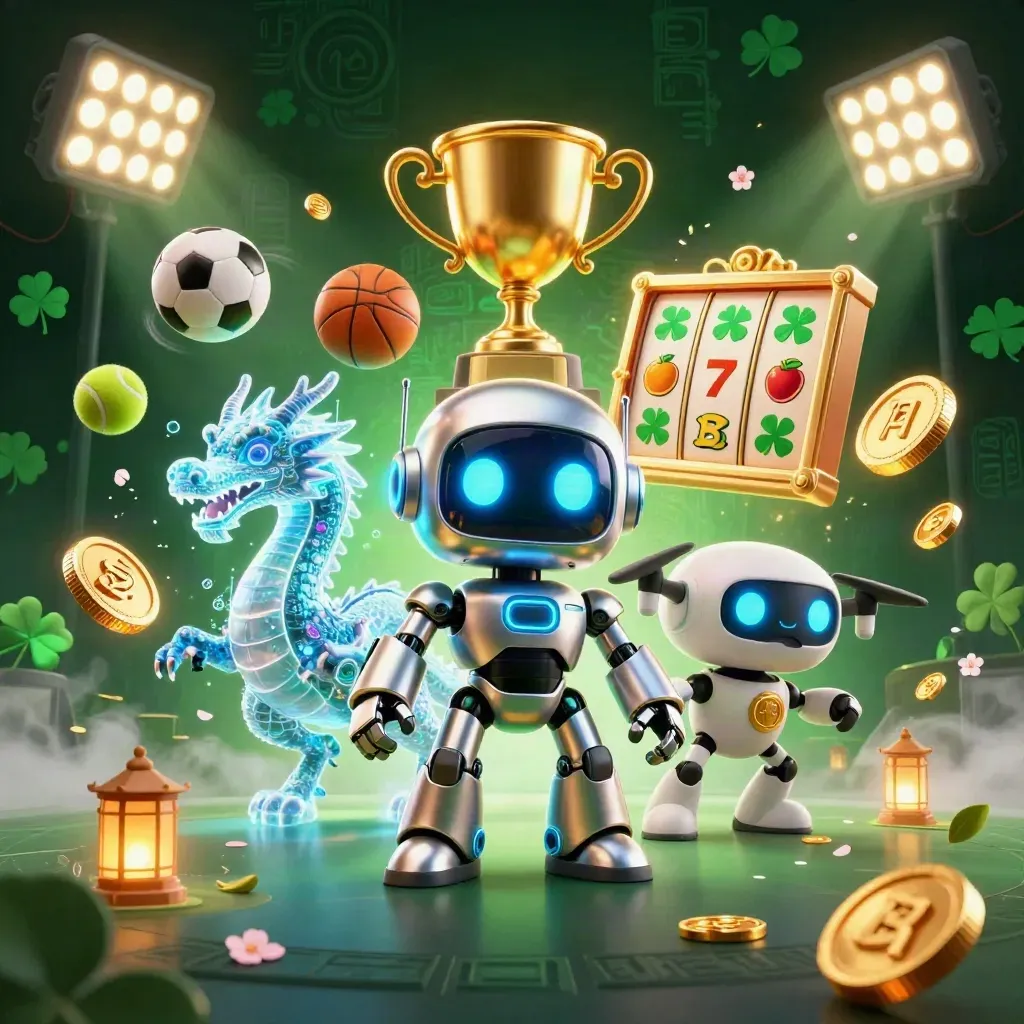 Cyberpunk robot, hologram dragon, and coin drone amid casino balls, trophy, coins, and emerald neon
