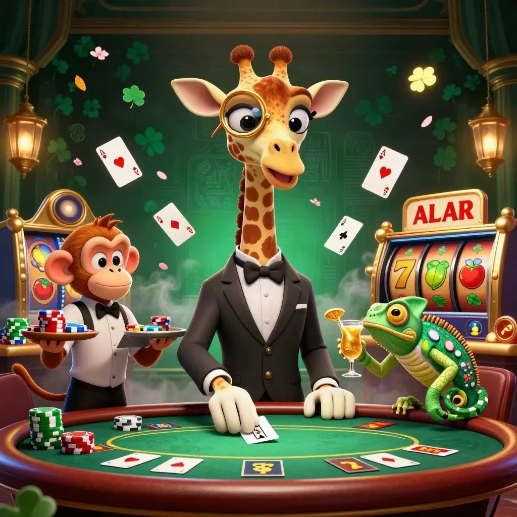 Giraffe poker boss, monkey valet, and chameleon bartender amid chips, aces, and gold light.
