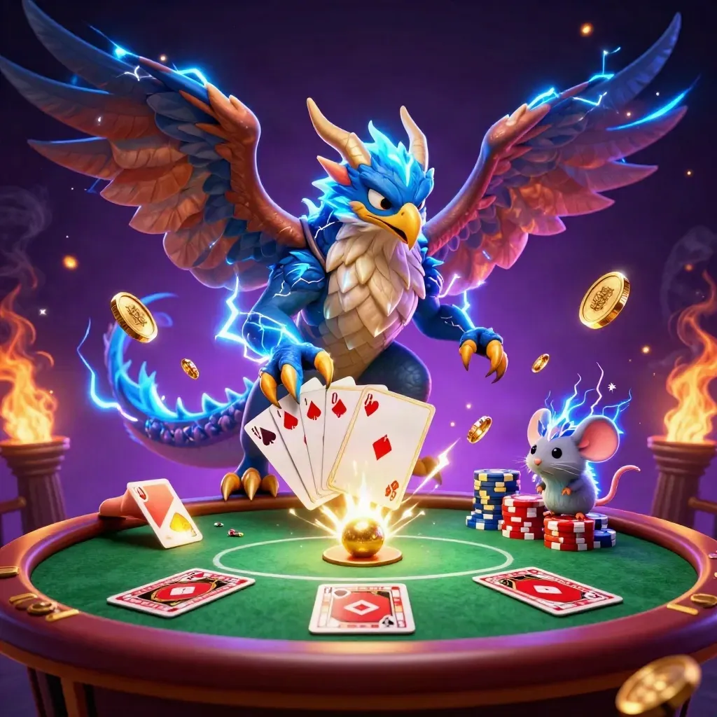 Thunder dragon, wind hawk, and static mouse amid poker chips, coins, roulette wheel, and glowing cards.