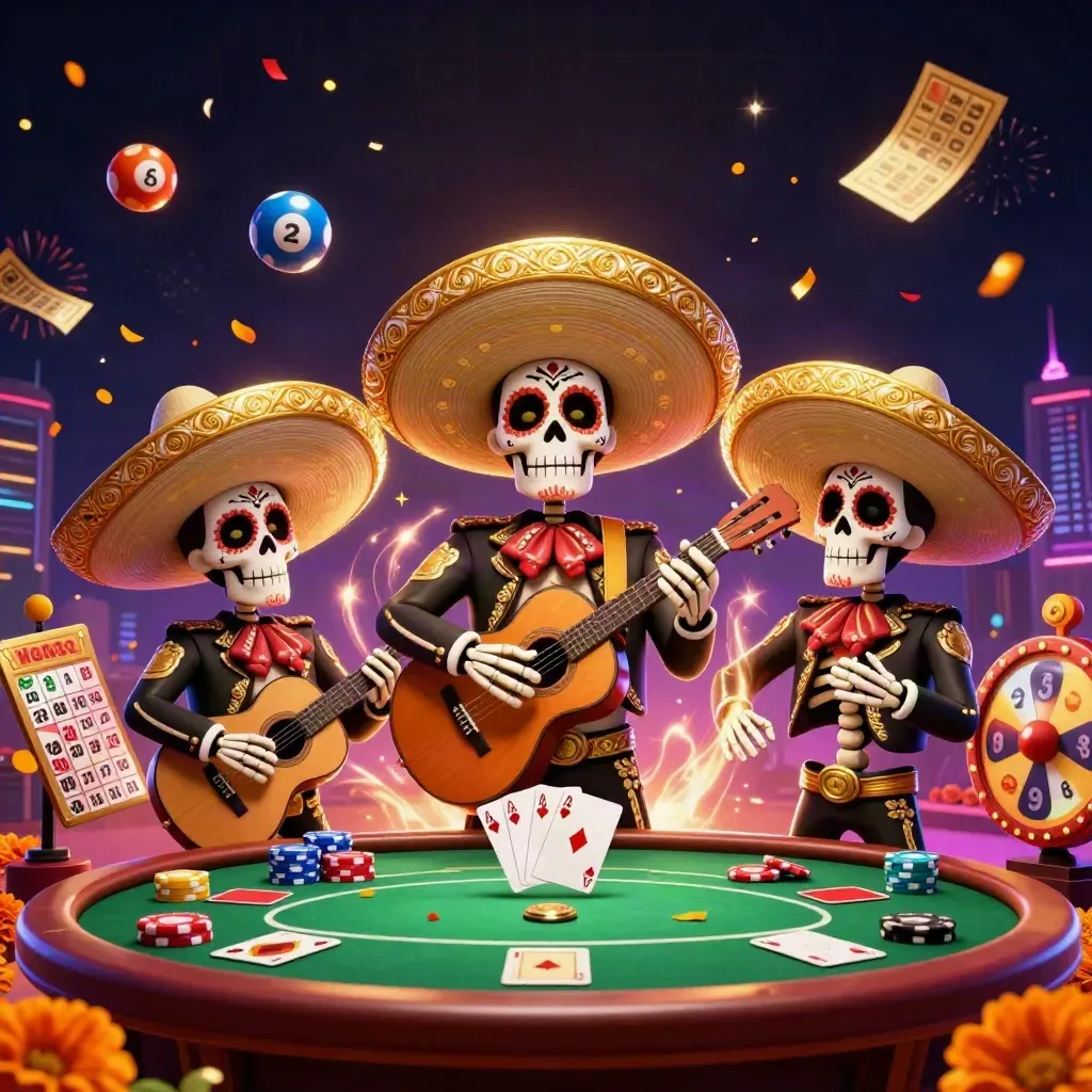 Three skeleton mariachi playing poker amid chips, lottery balls, wheel, and fireworks