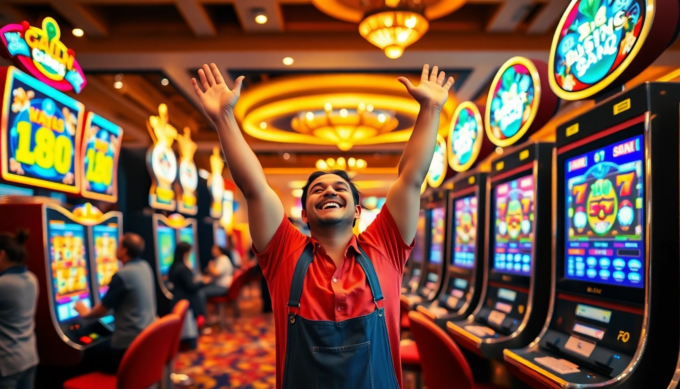 Slot gampang menang dalam suasana kasino yang ceria dengan pemain merayakan kemenangan.
