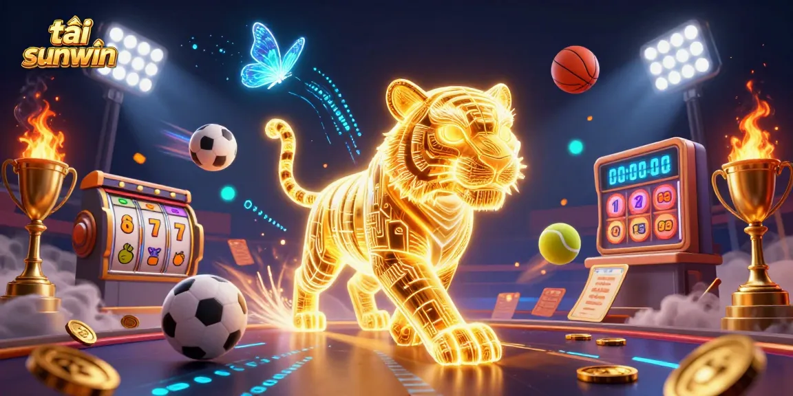 Play tải sunwin with a vibrant 3D casino illustration showing a golden tiger amidst dynamic gambling elements.