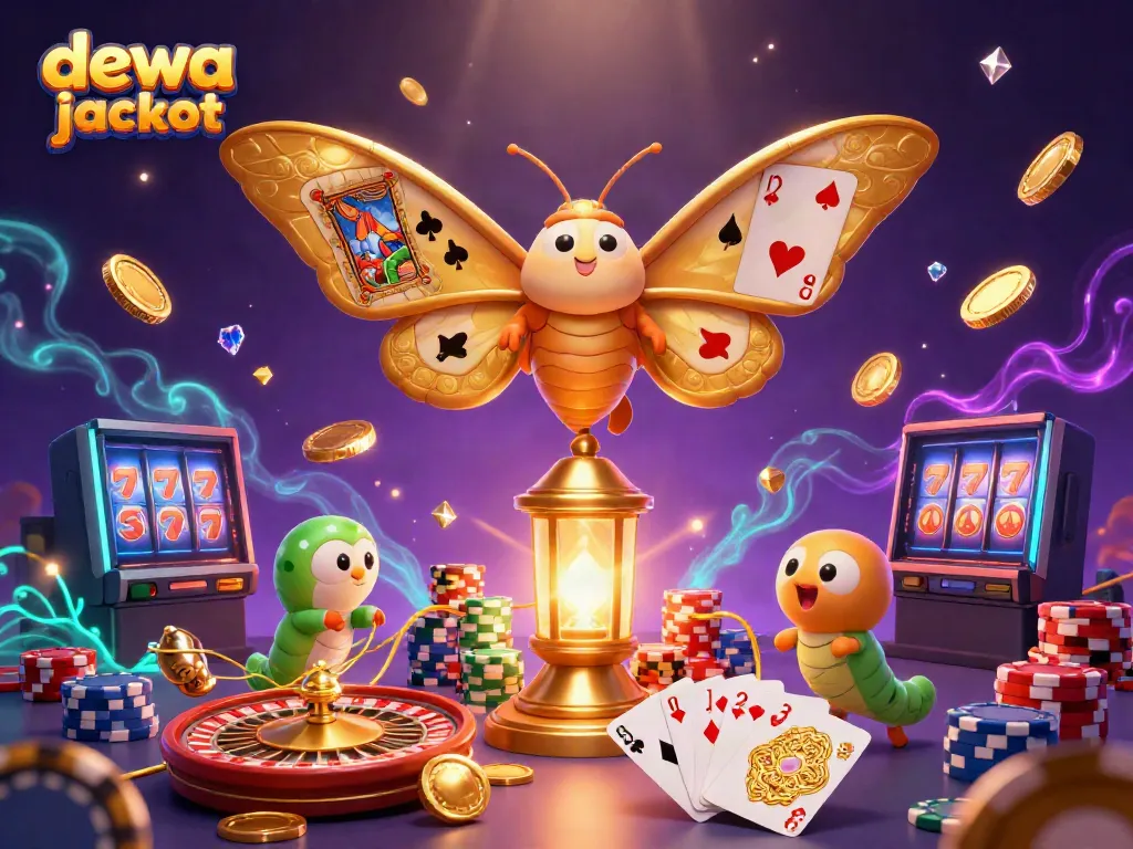 Mainkan dewa jackpot slot online dengan latar belakang kasino berkilauan dan koin emas mengalir.