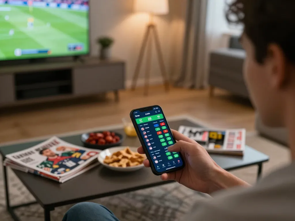 Engaging scene of online sports betting as player checks Kèo nhà cái odds on smartphone