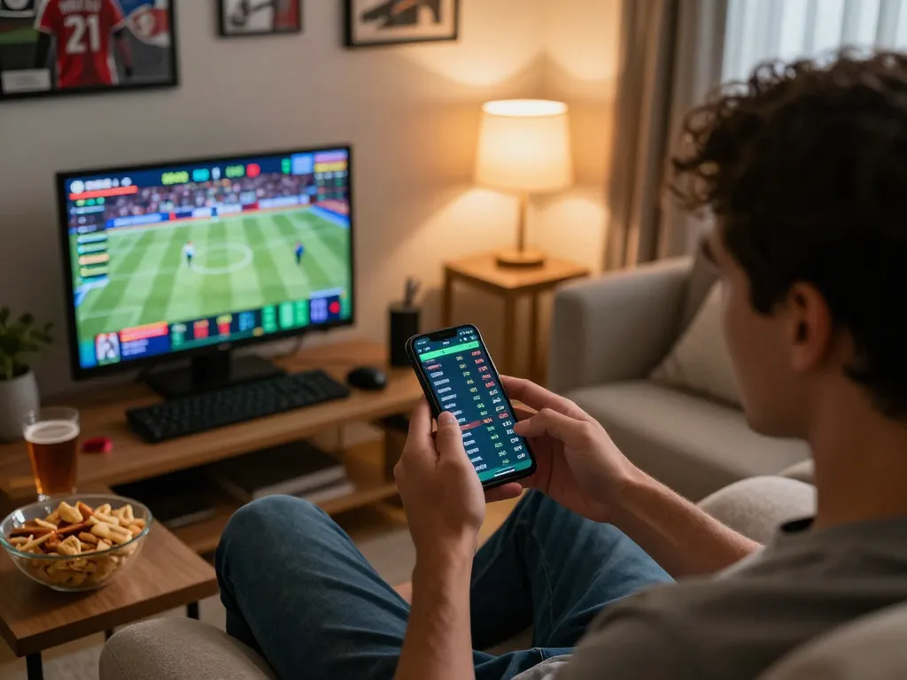 Engaging with keo nha cai on a smartphone in a cozy sports betting atmosphere with snacks and drinks