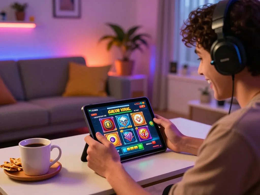 Player enjoying slot gacor viral game on tablet, immersed in winning excitement.