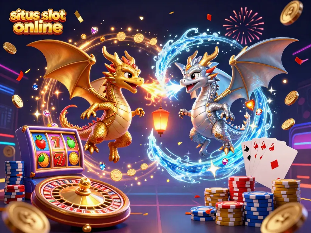 Menggairahkan pengalaman kasino dengan situs slot online, slot reel berputar dan naga 3D terbang di atas koin emas.
