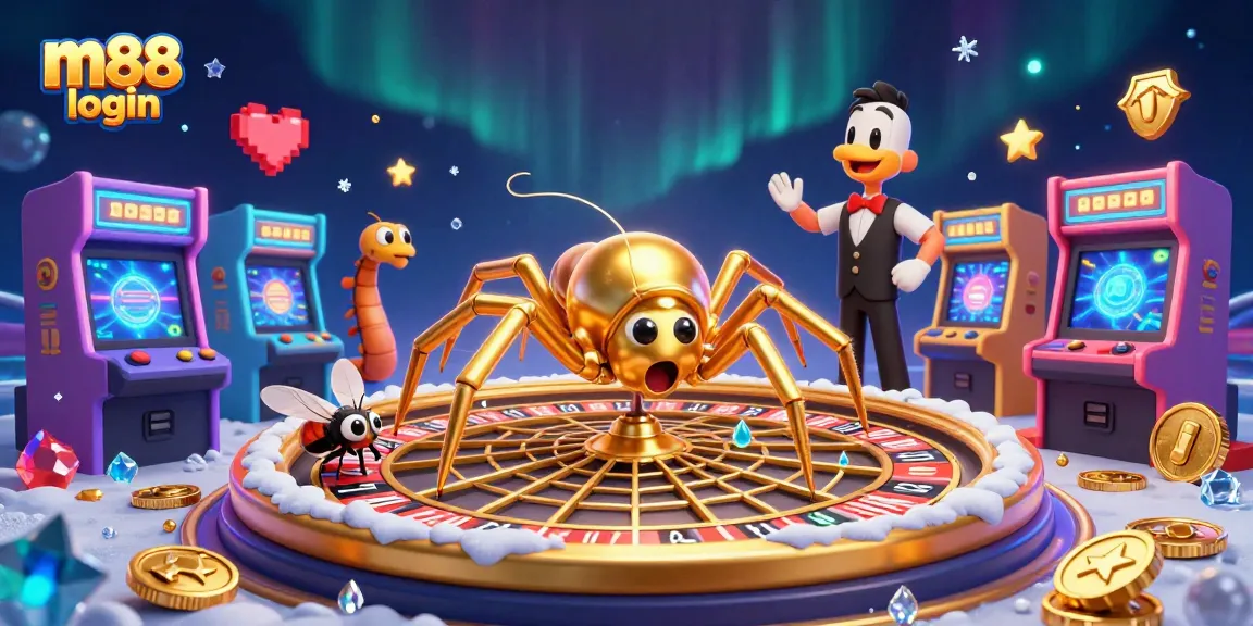 Experience the m88 login excitement with a captivating casino scene featuring unique characters and vibrant game elements.