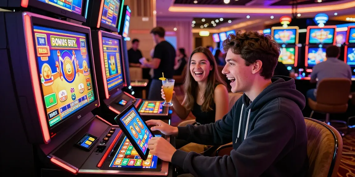 Exciting Bonus Buy slots scene at Crown Northhill casino with diverse players celebrating big wins and engaging with colorful slot machines.