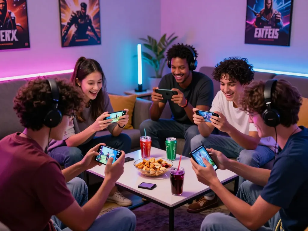 Exciting gaming night with friends enjoying panen178 mobile game, surrounded by snacks, energy drinks, and vibrant LED lights