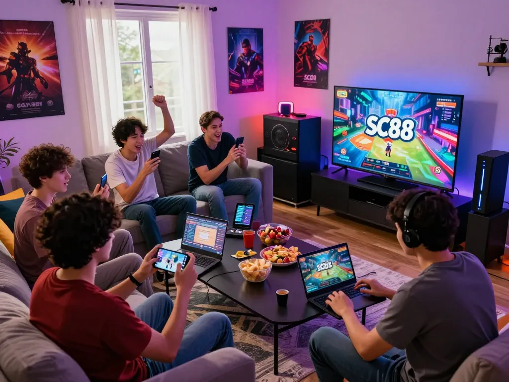 Players enjoying SC 88 online gaming on mobile and laptops in a vibrant living room.