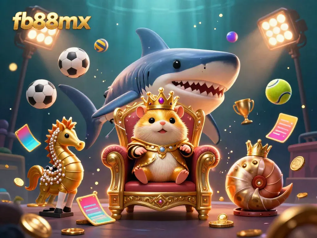 Experience exciting gameplay with fb88mx, showcasing a golden hamster king on a megalodon throne surrounded by dynamic sports elements.