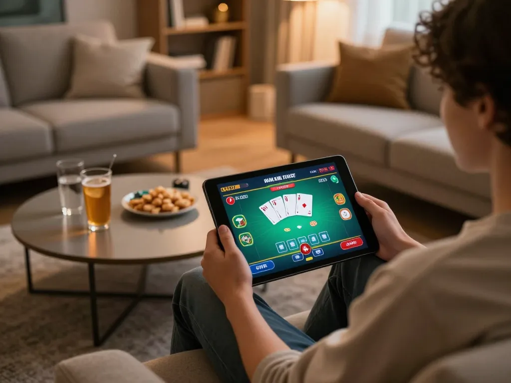 dacsandatphanrang com user engaging in an online poker game on a tablet in a cozy home setting