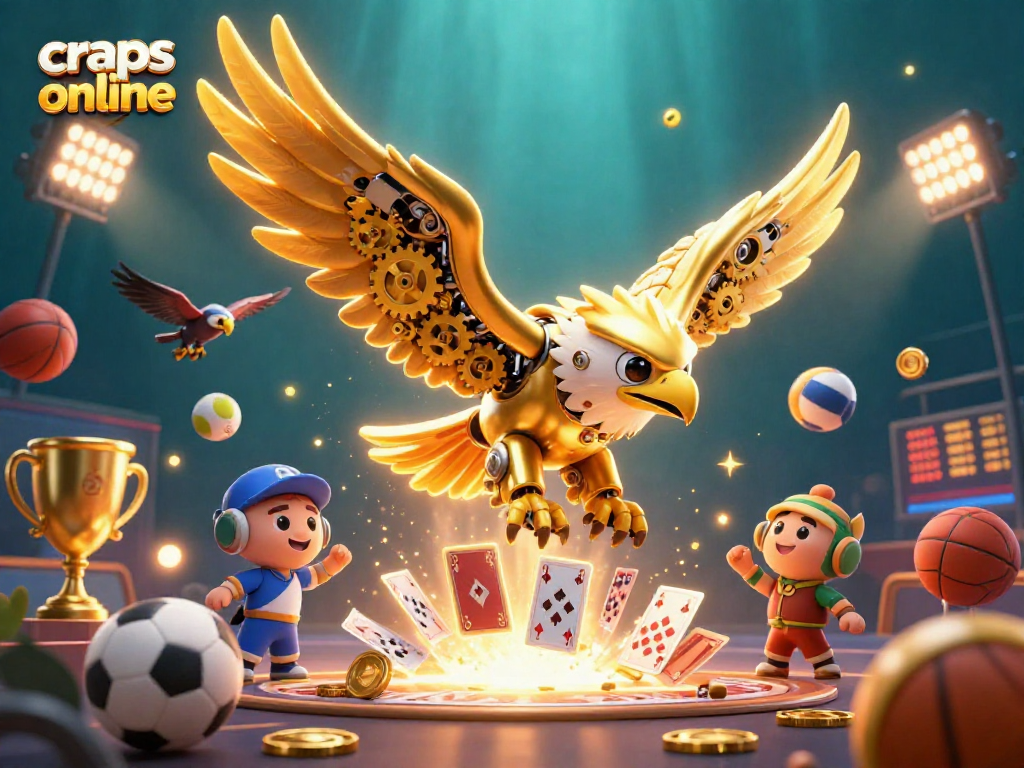 Engage in craps online with a vibrant 3D illustration showcasing a golden eagle soaring through holographic cards and dynamic sports elements.