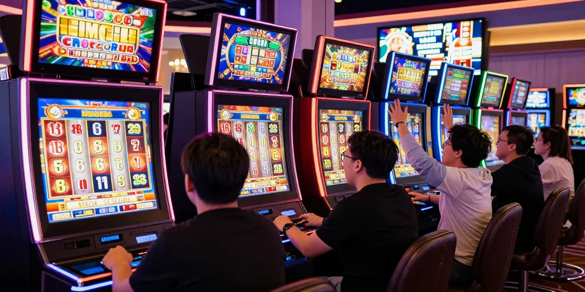 Players enjoying bonus buy slots in a vibrant casino setting, celebrating wins and thrilling gameplay.