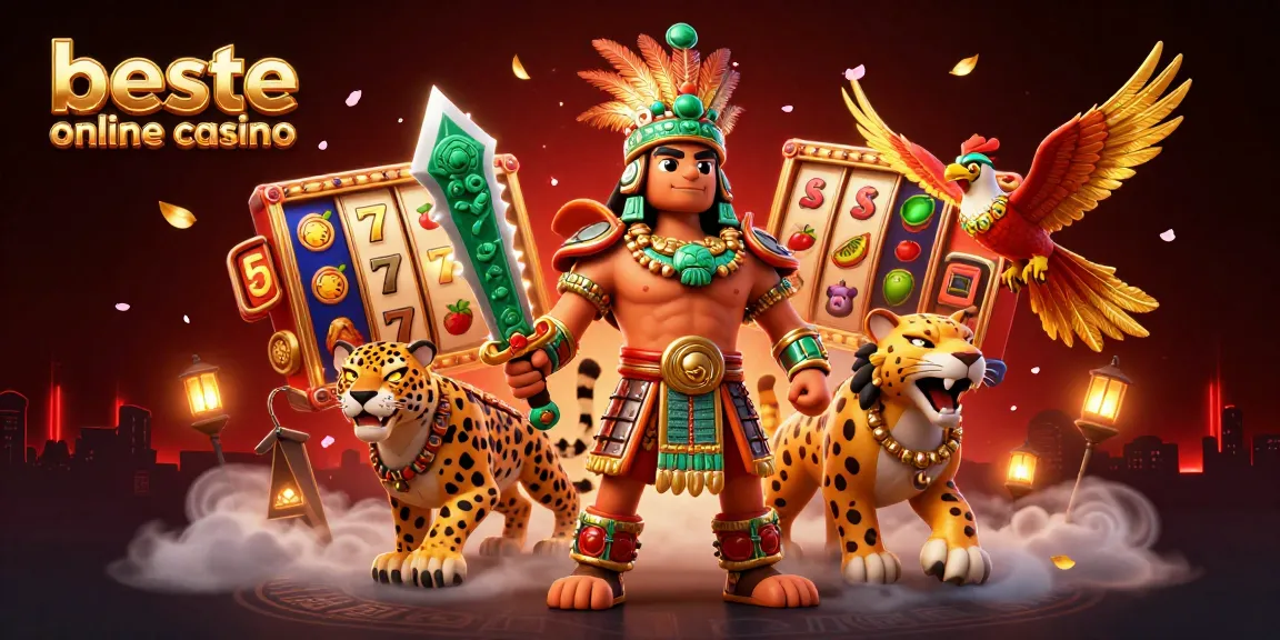 Experience the excitement of the beste online casino with ancient warriors, spinning slot reels, and vibrant casino elements in a dynamic 3D scene.