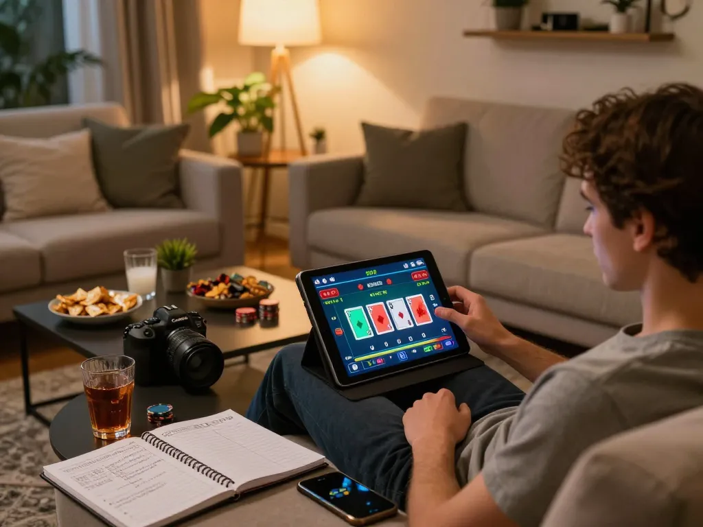 Engaging in online betting at 68win com with strategy notes on table and tablet displaying poker