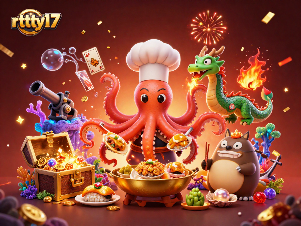 Engage with rttty17’s vibrant casino scene featuring a sushi chef octopus, dragon, and a tanuki, celebrating with treasures and games.