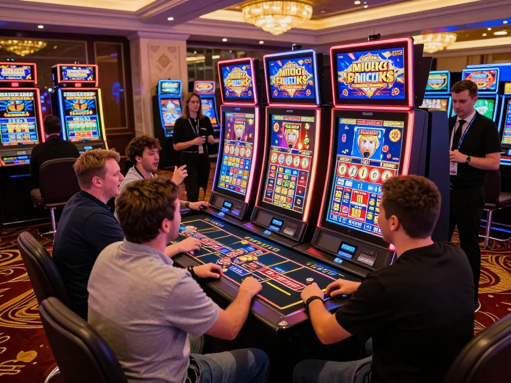 Exciting casino gaming scene with players enjoying tante77 slot machine, vibrant atmosphere, and colorful lights.