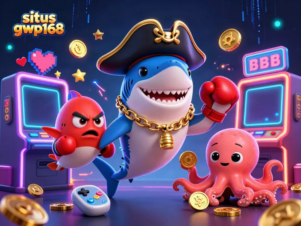 Permainan menarik di situs gwp168 dengan karakter kartun dan mesin slot yang bersinar.