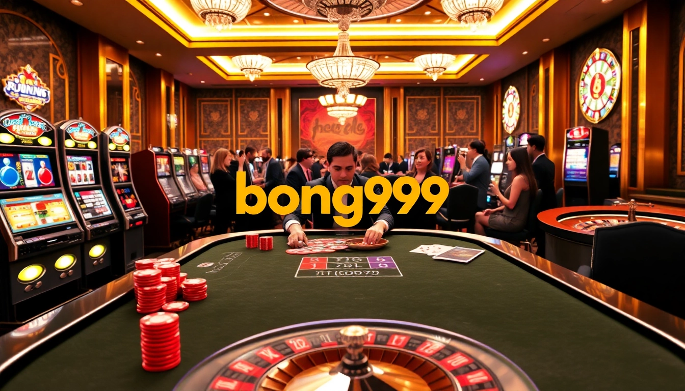 Players enjoying thrilling games at bong99's luxurious casino setting with poker and roulette.