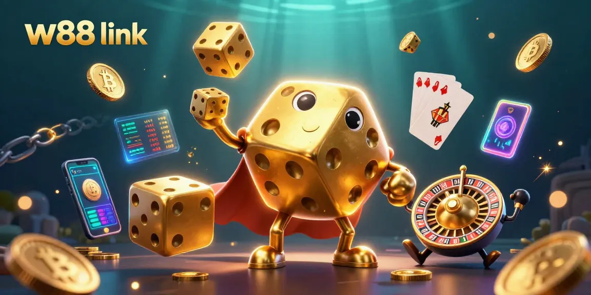 Engage in the vibrant world of betting with the w88 link featuring lively golden dice and crypto elements.
