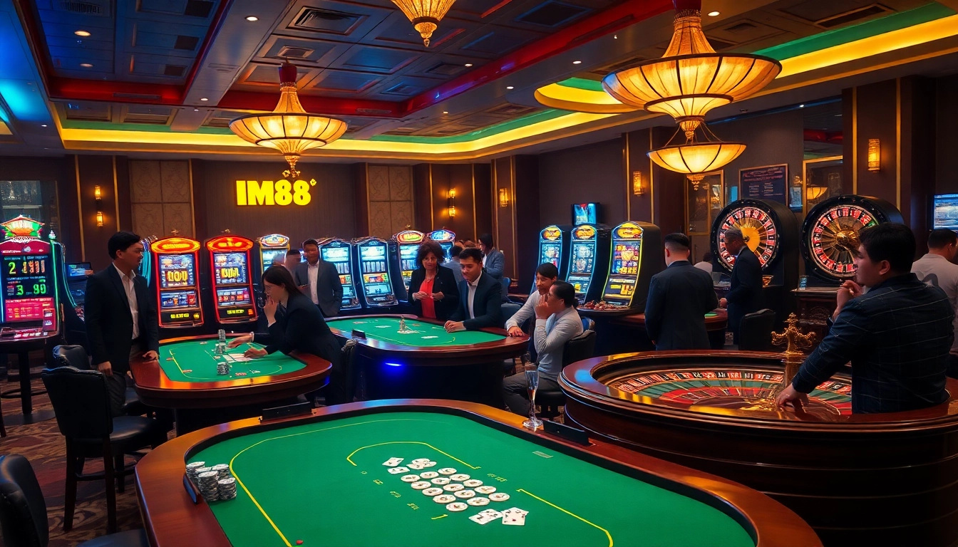 M88 casino tables adorned with players engaged in exciting gambling experiences, showcasing professional gameplay.
