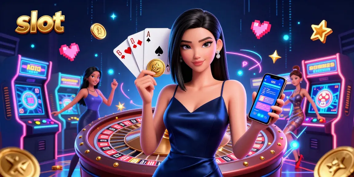 Spin exciting slot games with a stylish Asian woman holding a casino app, showcasing winnings.