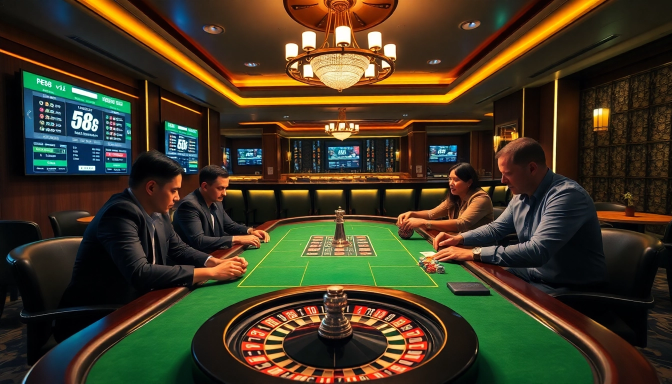 Professional poker players enjoy a game at a luxury casino table, showcasing for88 vn branding.