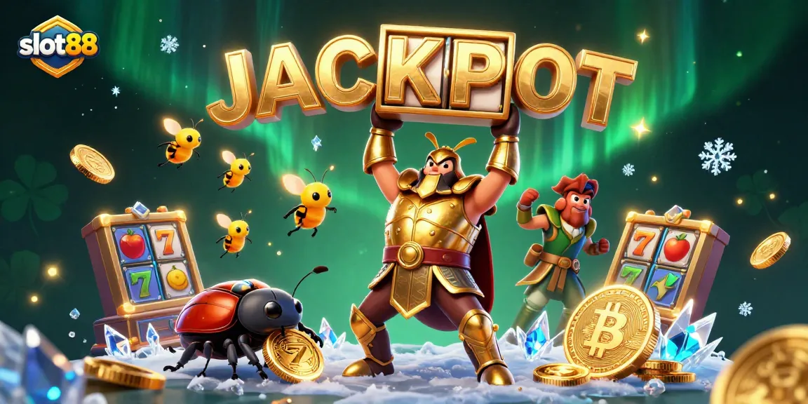 Slot88 merayakan jackpot dengan simbol mesin slot dan koin emas dalam ilustrasi menarik.