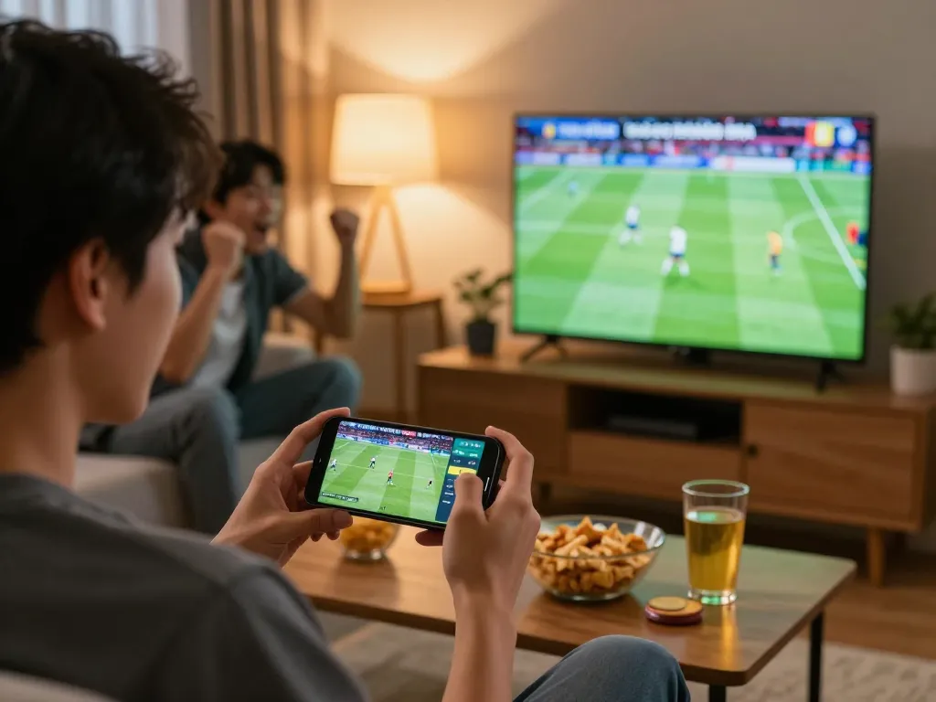 Experience direct football streaming today with a focused viewer engaged in live betting on their smartphone.