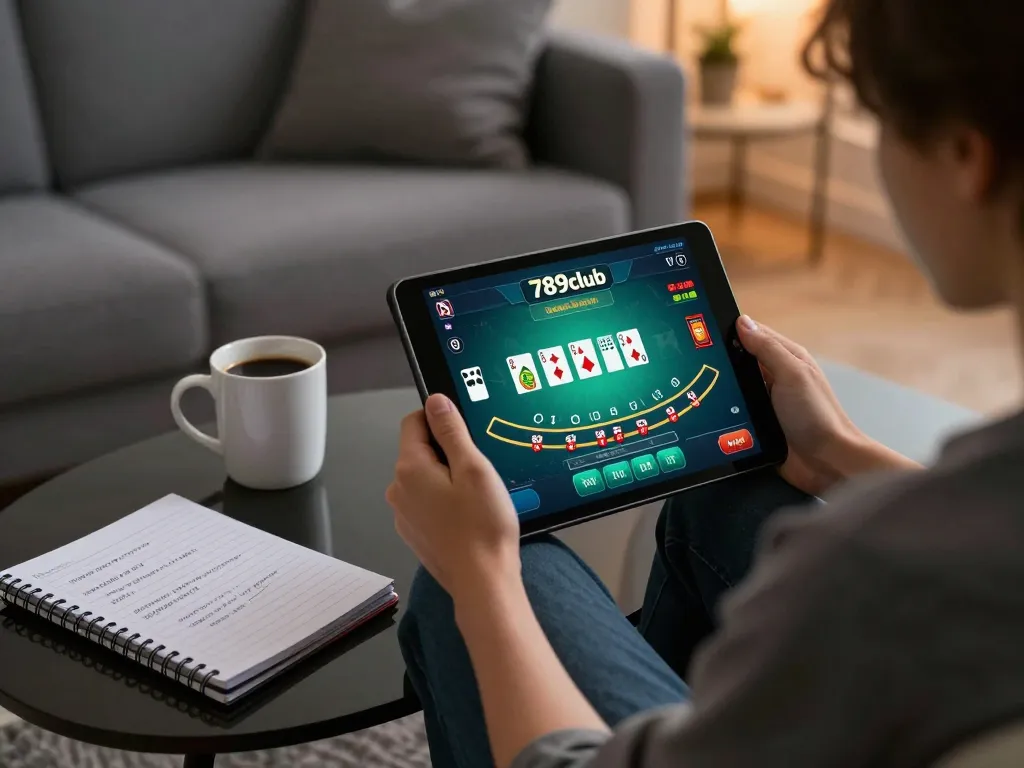 Engaging gameplay on 789club platform with strategic notes and cozy home setting.