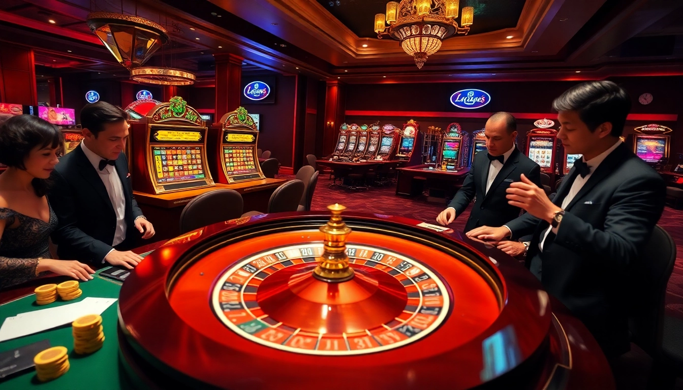 Experience the excitement of gaming with https://go8f.com/ at this vibrant casino scene featuring roulette and poker.