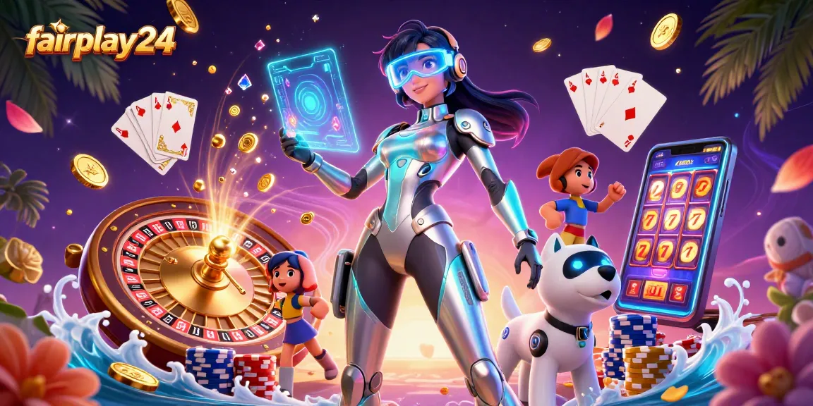Engage with fairplay24 betting action featuring a dynamic woman and a robot dog amidst casino elements.