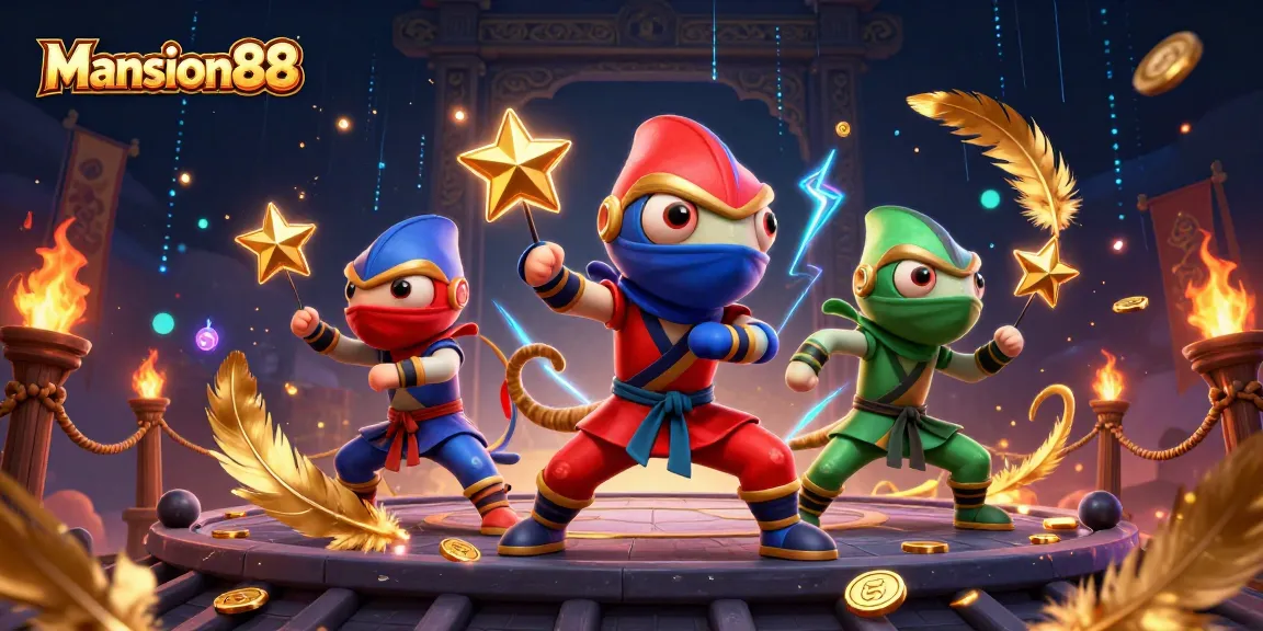 Mansion88 engages players with a dynamic 3D scene featuring ninja chameleons in action amidst fireworks and casino elements.