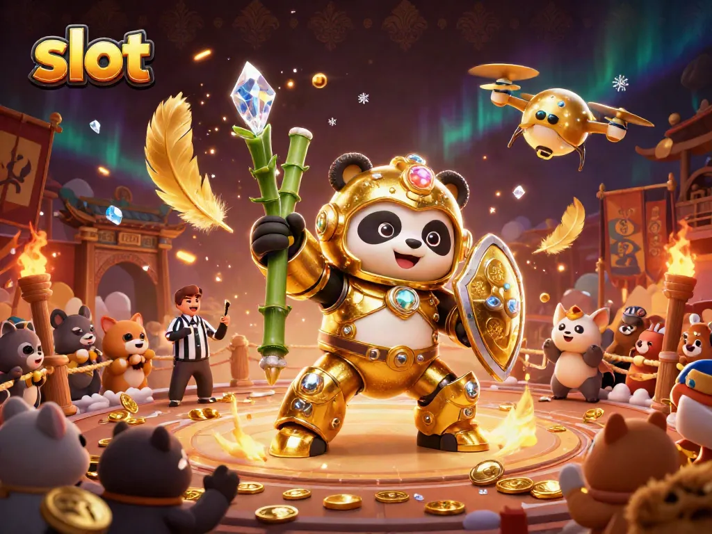 Slot menghadirkan aksi mendebarkan dengan panda emas dalam robot melawan di arena perjudian yang meriah.