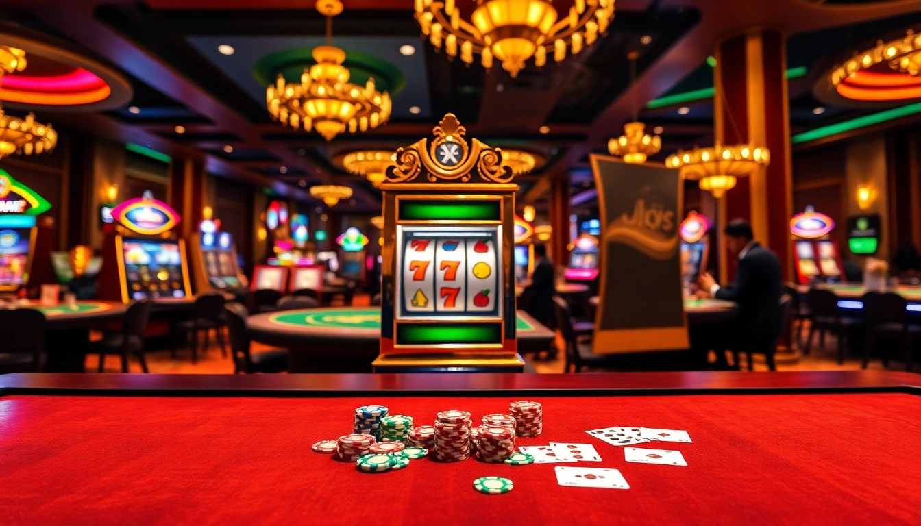 Exciting scene of a luxurious casino showcasing slot gacor machines and vibrant poker tables.