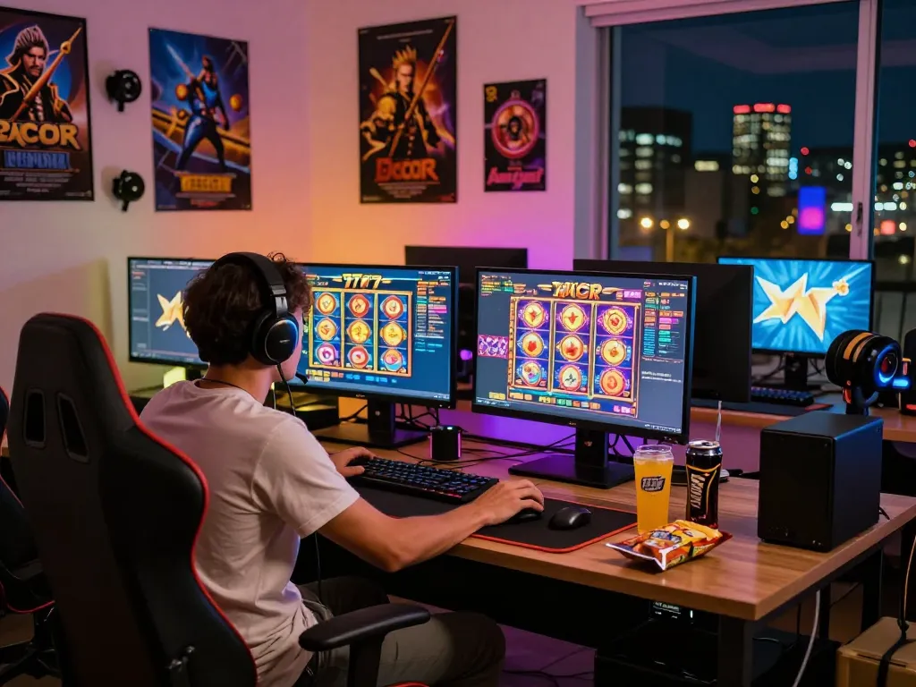 Gamer antusias menikmati permainan slot777 gacor dalam pengaturan permainan online yang cerah.